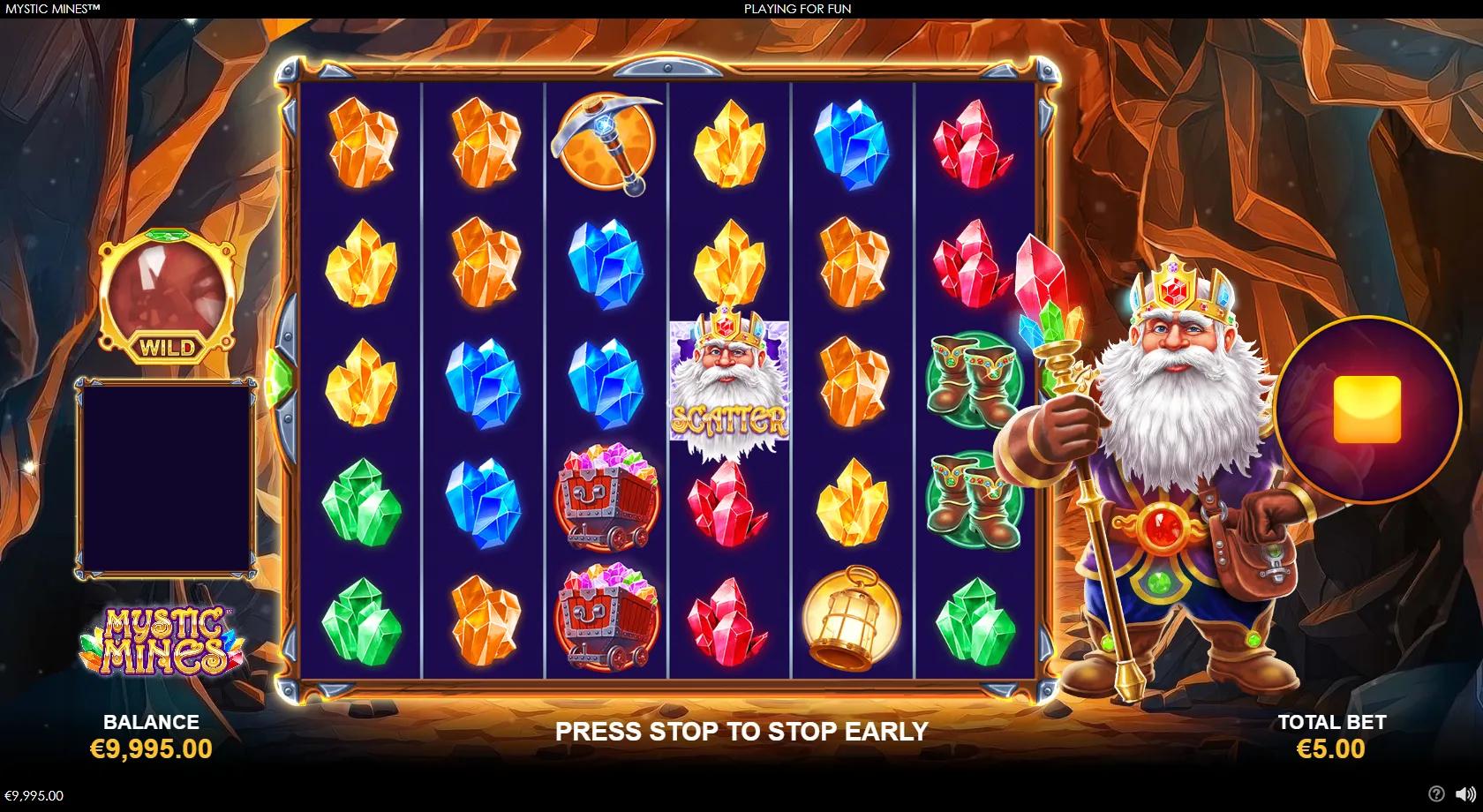 Mystic Mines slot: 6x5 crystal-cavern grid of coloured gems, mine carts and lanterns with a dwarf-king character