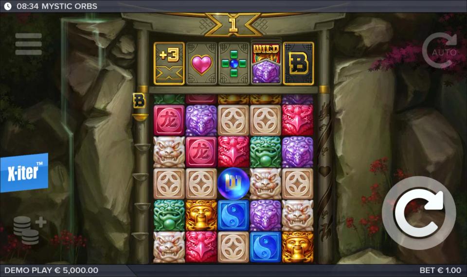The Mystic Orbs feature row fully loaded with a plus-three multiplier, an extra life heart, an orb siege tile, an upgrade to wilds and a bonus tile, with a single orb on the grid below the middle column