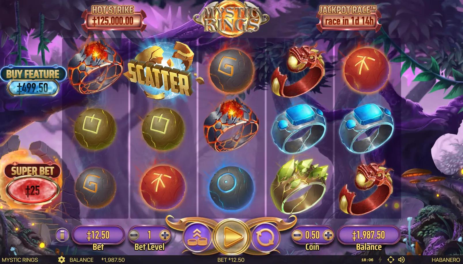 Mystic Rings slot gameplay showing 5x3 grid with fire, nature and dragon-claw ring symbols plus rune orbs in a twisted purple fantasy forest