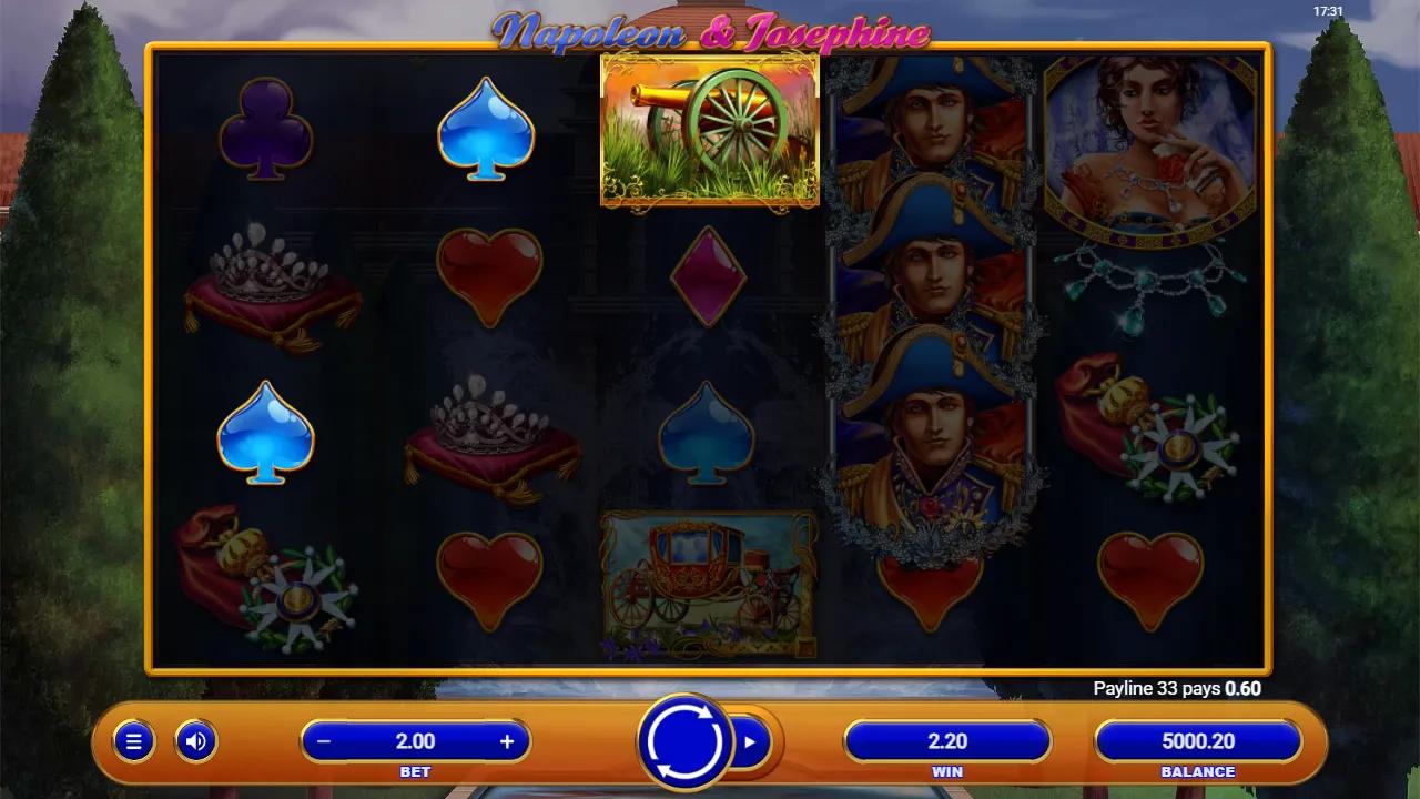Napoleon and Josephine slot gameplay showing 5x4 grid with stacked Napoleon symbols and Josephine scatter
