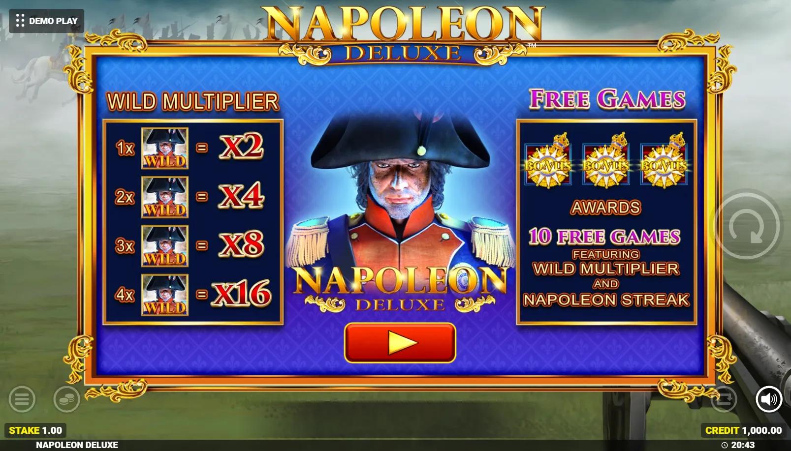 Napoleon Deluxe slot showing 5x3 grid with Wild Multiplier paytable x2 to x16 and 10 Free Games panel