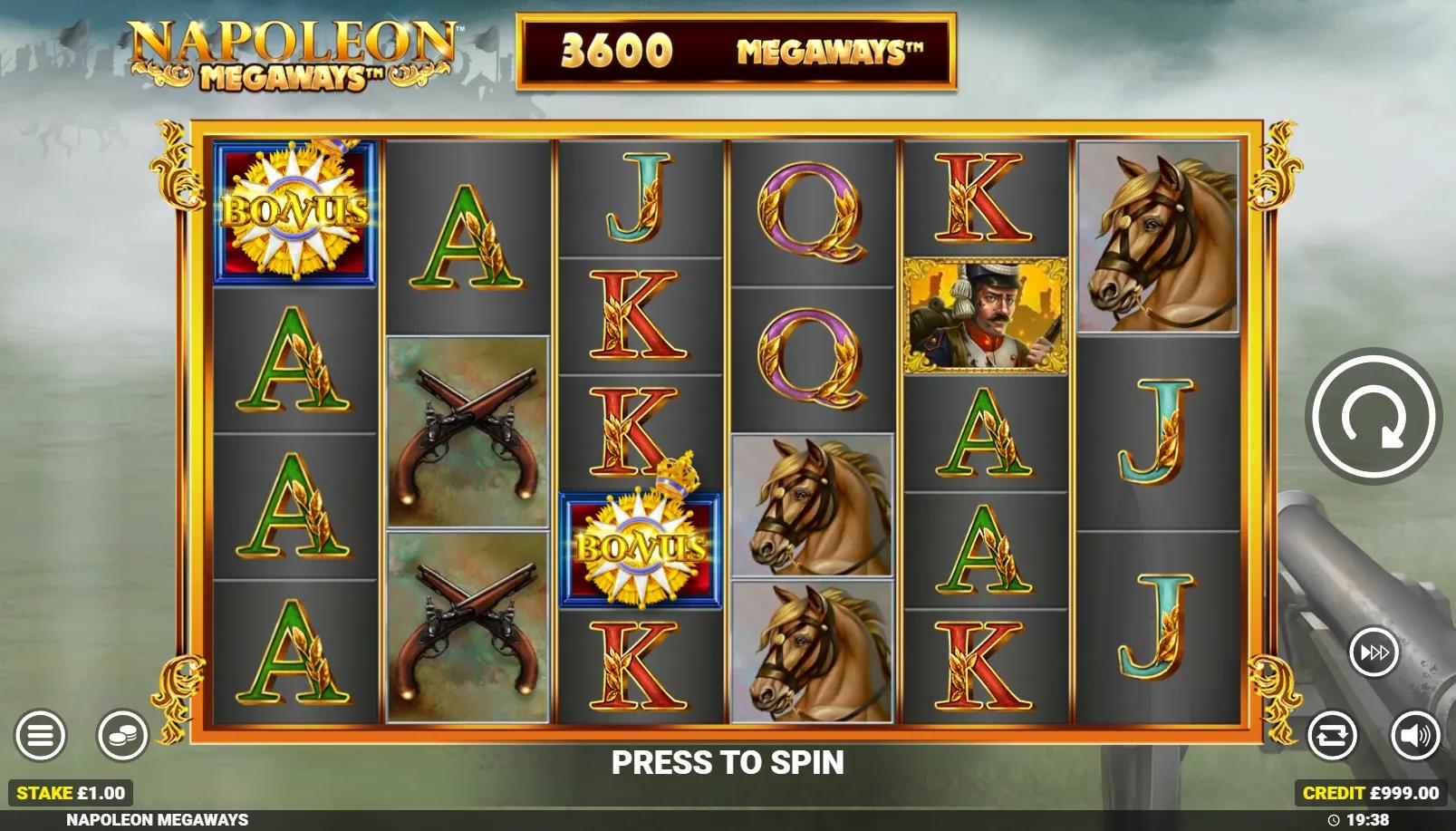 Napoleon Megaways slot gameplay showing 6-reel Megaways grid with Bonus scatter on reel 1 and stacked horse premium symbols