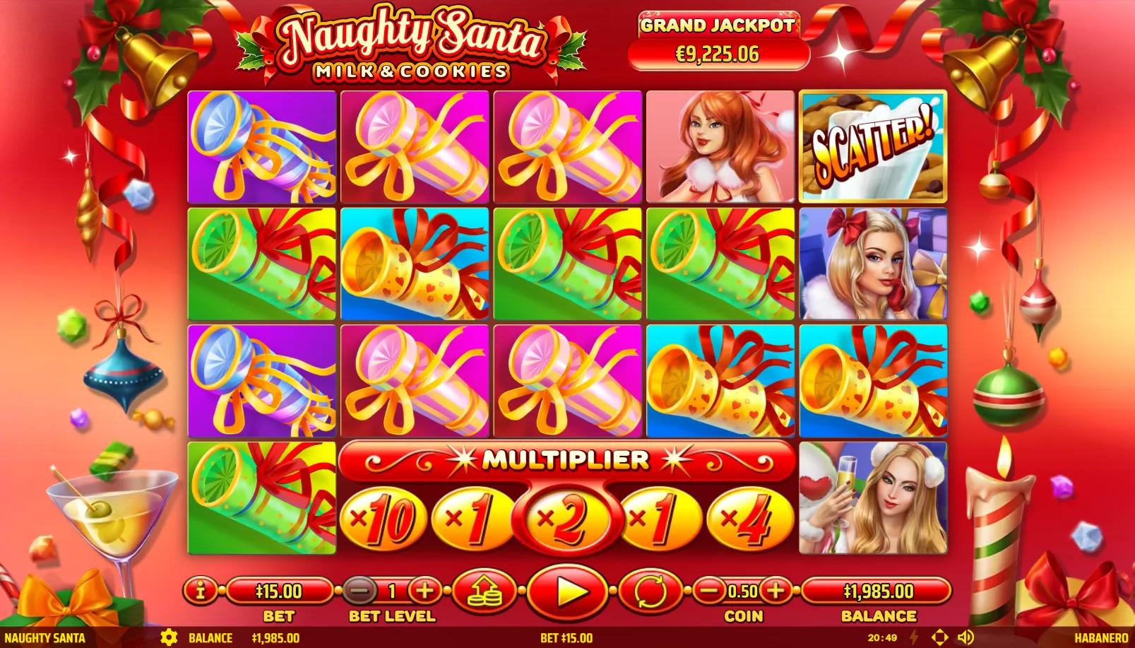 Naughty Santa slot gameplay showing 4-3-3-3-4 irregular grid with glamorous Mrs Claus characters and oversized Christmas crackers above a five-cell multiplier reel