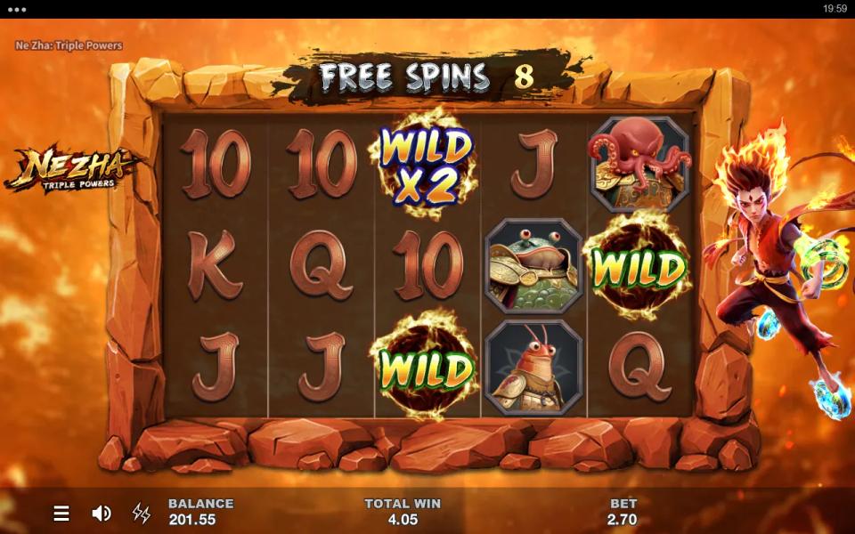 Free spins board holding three wild symbols, one of them carrying a 2x multiplier, with no winning way