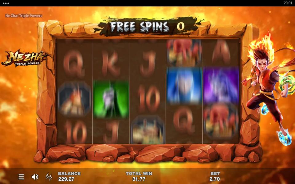 Bonus card awarding five Wild Flame free spins, showing the flame-tipped spear relic