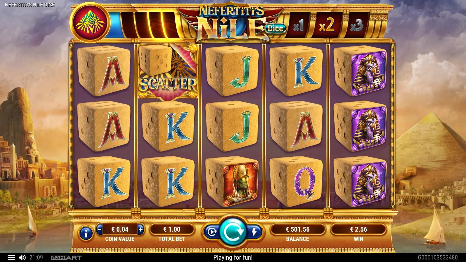 Nefertiti's Nile Dice slot gameplay showing the 5x3 sandstone dice-cube reels with Anubis, Pharaoh and a Nefertiti Scatter beside a multiplier ladder