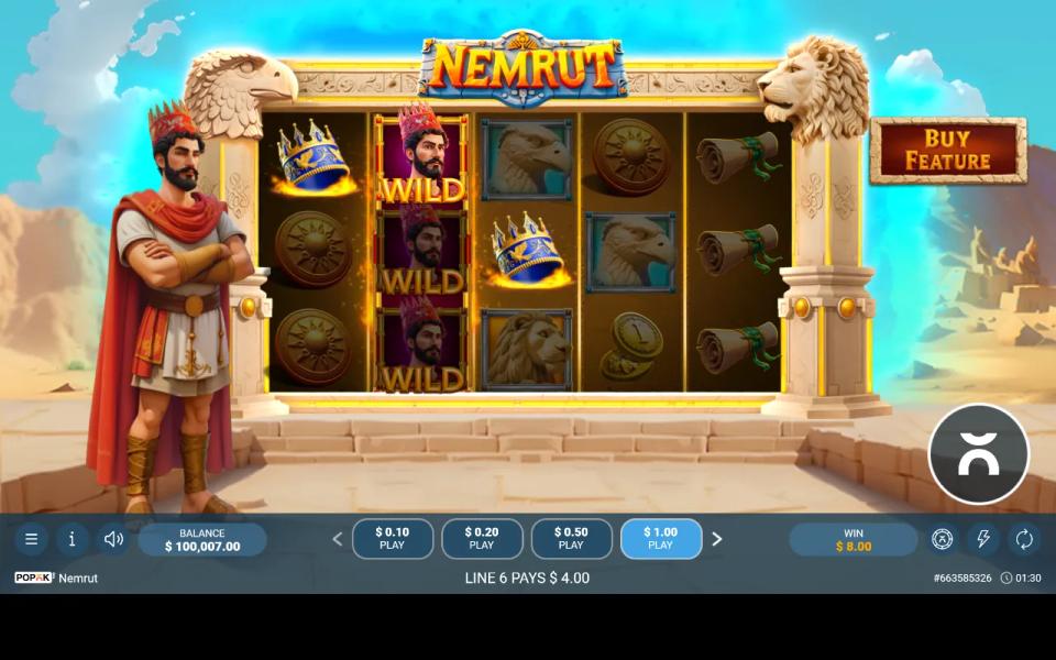 Nemrut's king wild expanding to fill a whole reel without being bought, paying 8.00 at a 1.00 stake
