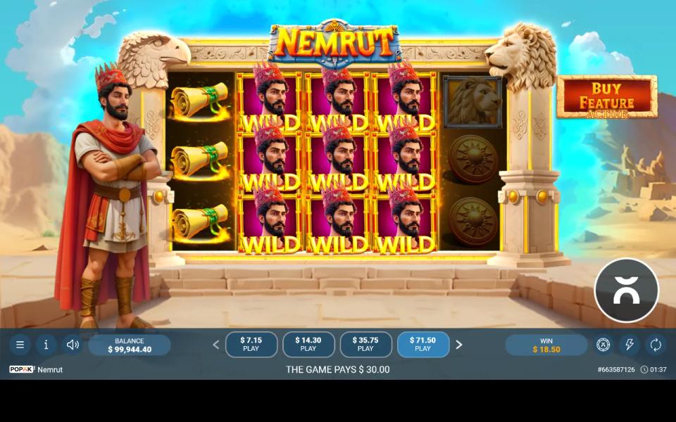 Three complete reels of king wilds filling the middle of Nemrut's board at the top purchase tier