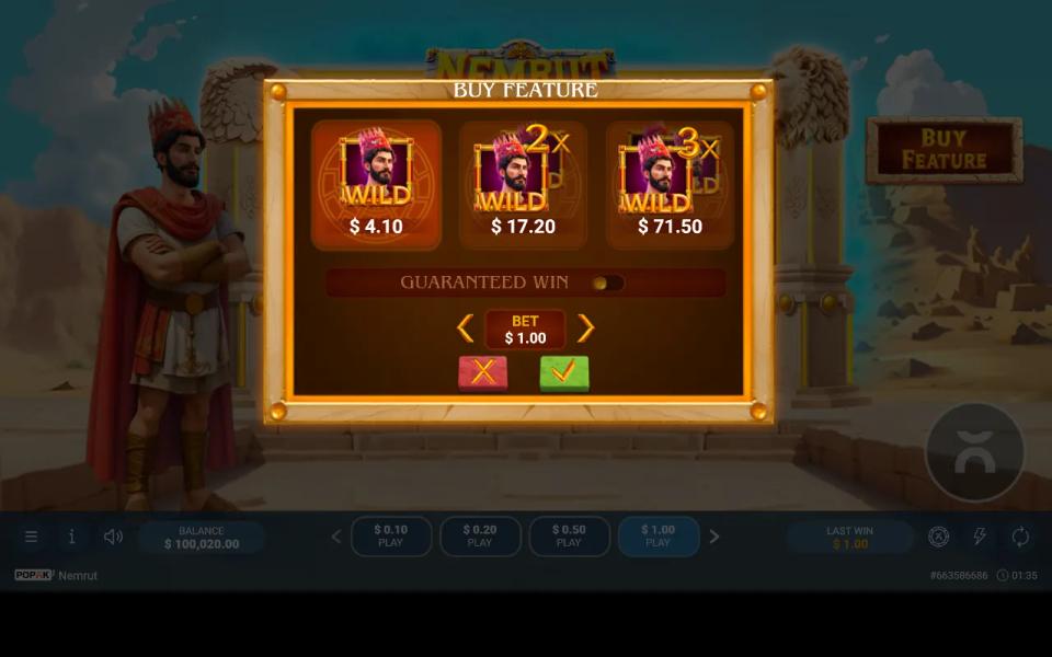 Nemrut's buy feature dialog pricing one, two and three wild reels at a 1.00 stake