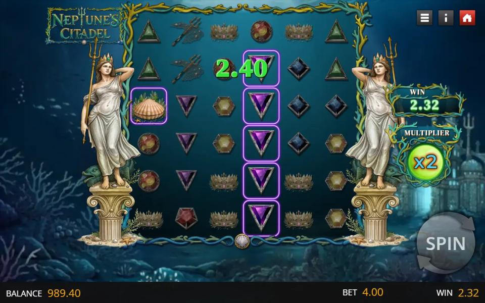 Vertical run of five purple gems outlined on the Neptune's Citadel grid with a scallop clam also outlined and the multiplier ring lit at x2