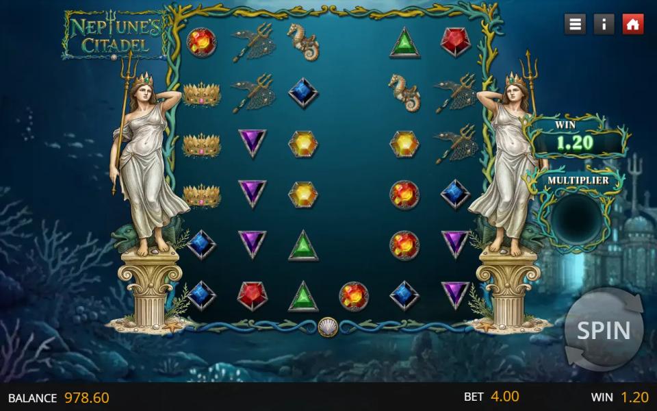 Neptune's Citadel grid mid-cascade with the winning symbols removed and gaps still open in three columns