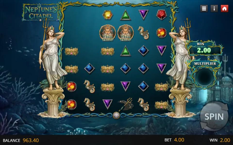 Two crowned Neptune FREE FALLS medallions on the middle reels of the Neptune's Citadel grid, short of the four needed