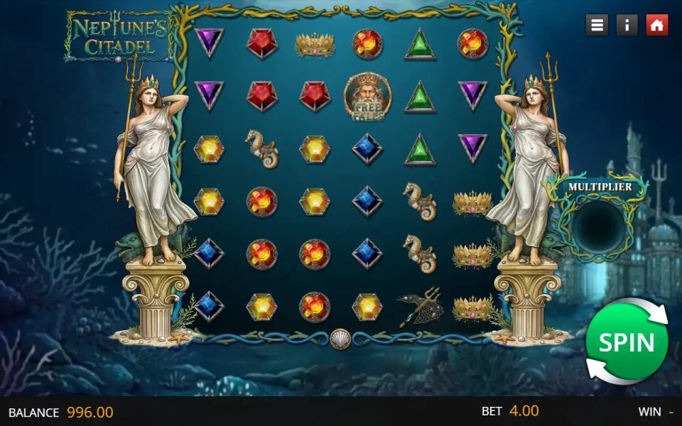 Full Neptune's Citadel grid with no cluster formed and a single FREE FALLS medallion in the fourth column