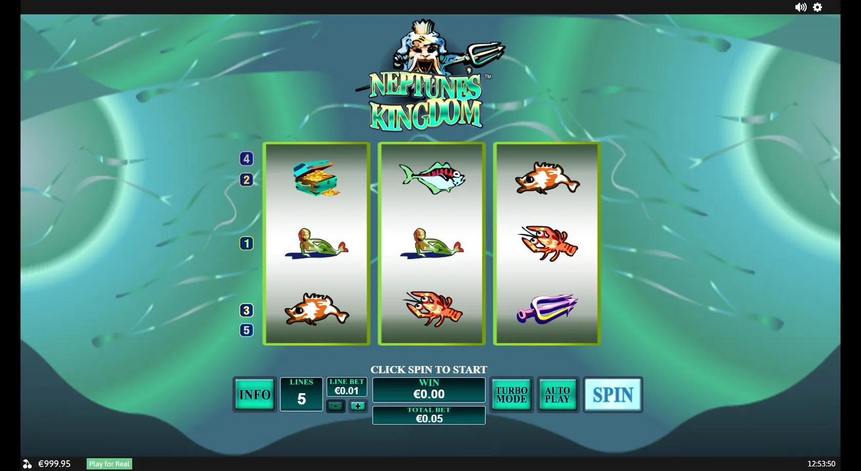 Neptune's Kingdom gameplay showing a classic 3-reel underwater slot with a mermaid, trident, treasure chest, lobster and fish