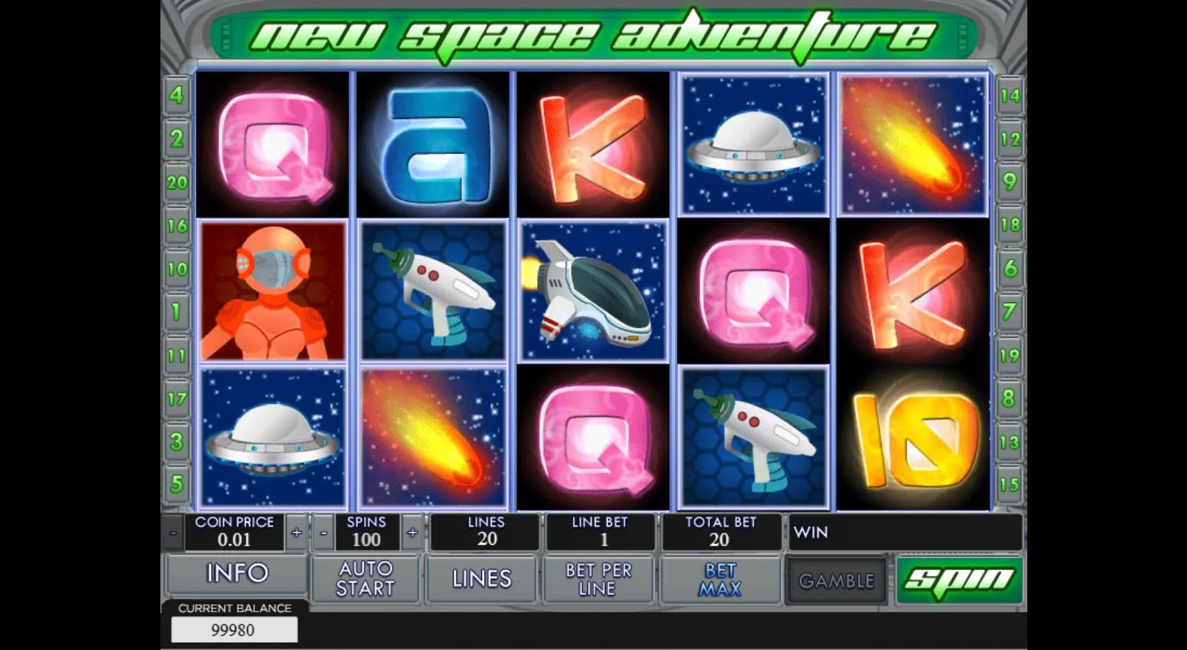 New Space Adventure gameplay showing a 5x3 space reel set with a spaceship wild, astronaut scatter, ray gun and UFO symbols