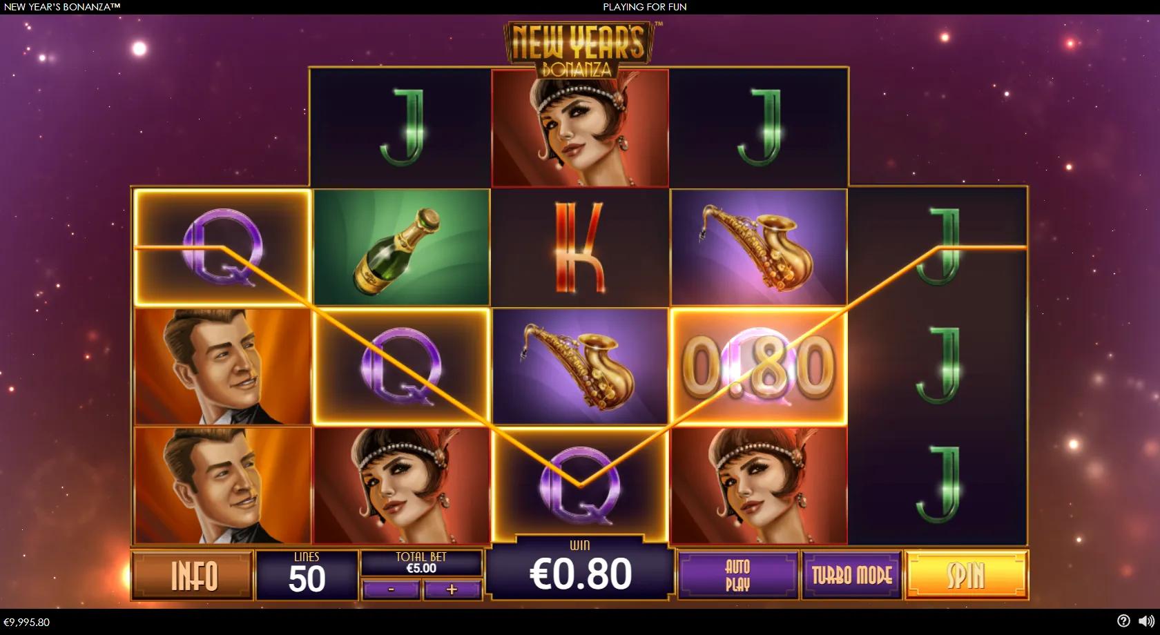 New Year's Bonanza slot: 5x4 Art-Deco grid with the flapper lady, gentleman, saxophone, clock and champagne symbols