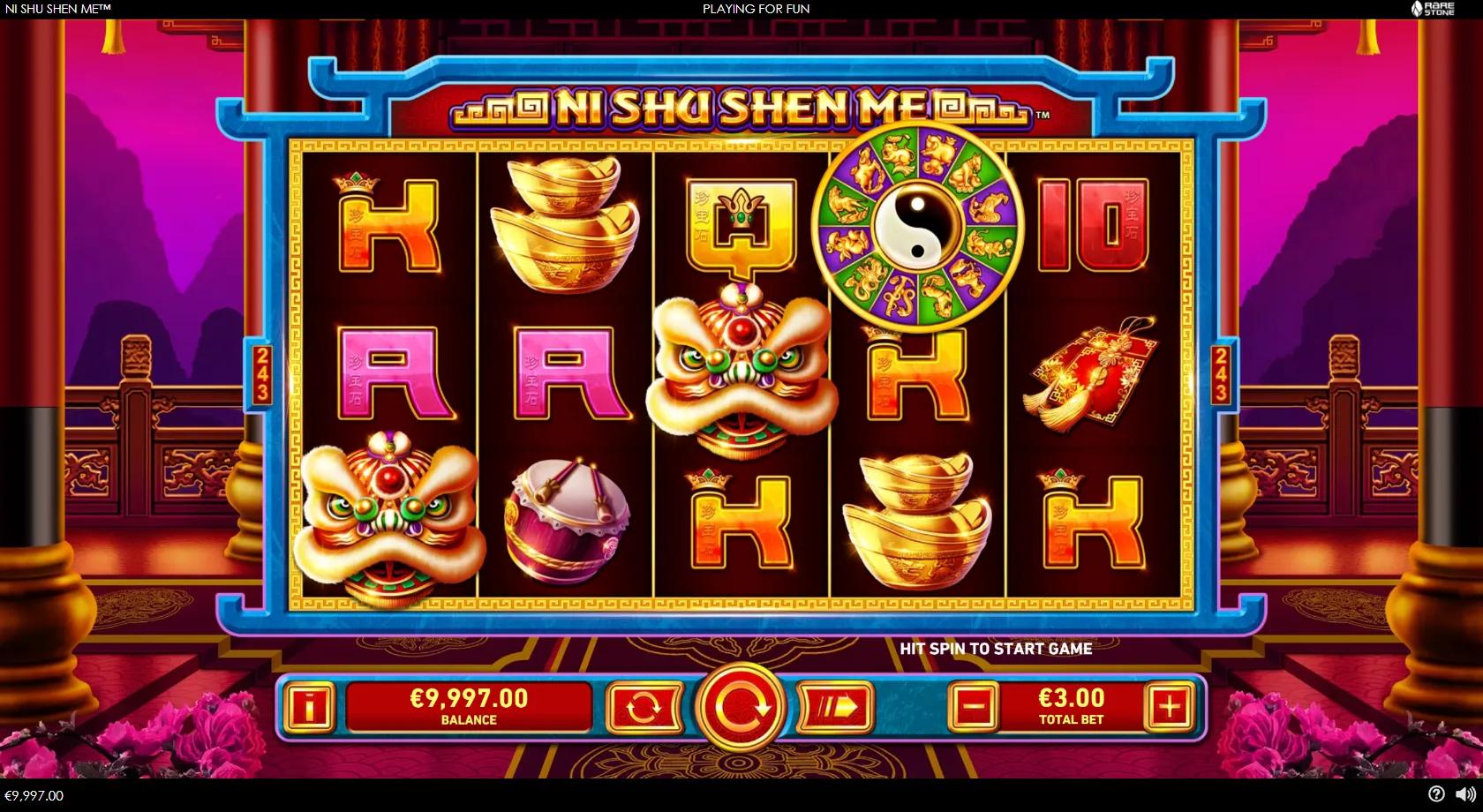 Ni Shu Shen Me gameplay showing a 5x3 243-ways Chinese New Year reel set with a lion-dance head, gold ingots and a zodiac-wheel wild