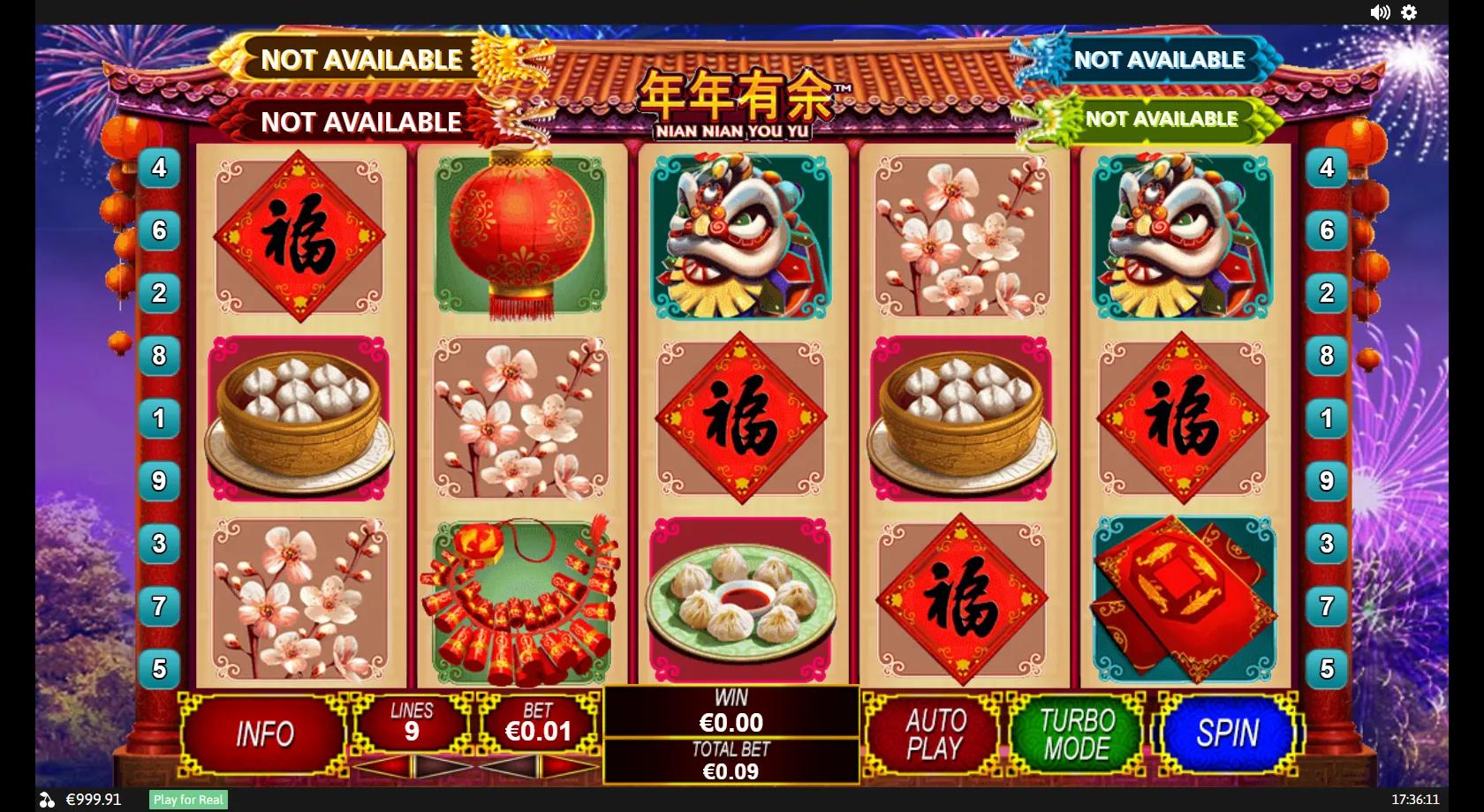 Nian Nian You Yu gameplay showing a 5x3 Chinese New Year reel set with dragon and lion dance heads, oranges, red envelopes and lanterns