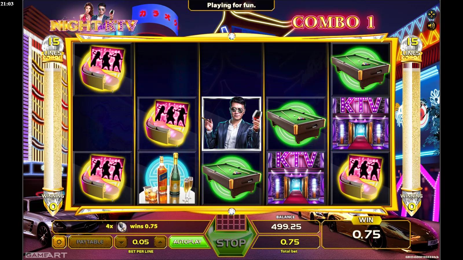 Night at KTV slot gameplay showing the 5x3 reels with a karaoke hostess, party girls, microphone and KTV neon symbols beside a combo counter