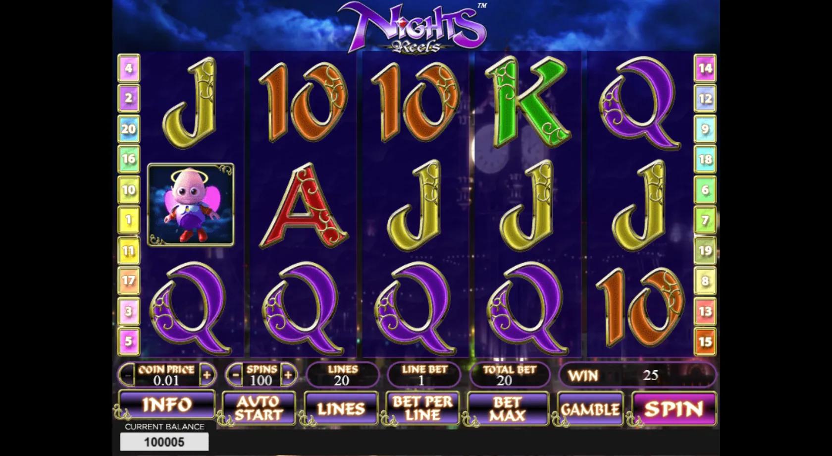 Nights Reels gameplay showing a 5x3 night-city reel set with NiGHTS, Reala, an owl and a clock tower symbol