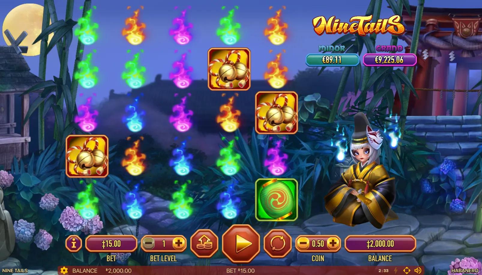 Nine Tails slot gameplay showing 5x5 grid with colorful flame symbols holding gold bells, kitsune fox girl character and torii gate frame on moonlit shrine backdrop