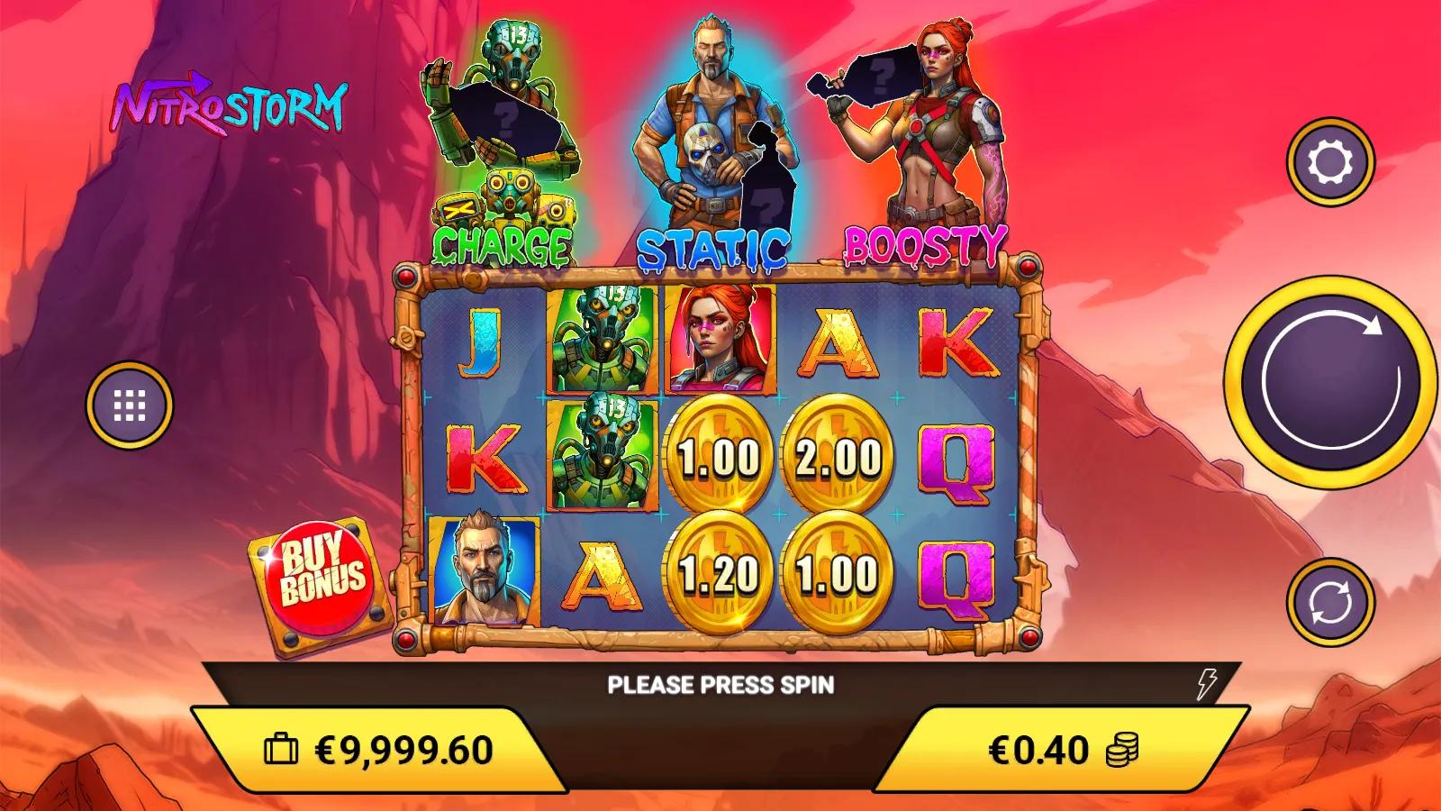 Nitro Storm slot gameplay showing 5x3 grid with N2O money symbols and Charge, Static and Boosty heroes