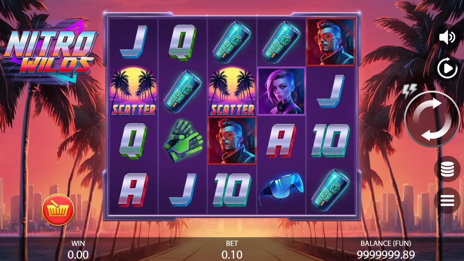 Nitro Wilds slot gameplay showing 5x4 synthwave grid with cyberpunk driver, racing glove and neon Scatter symbols