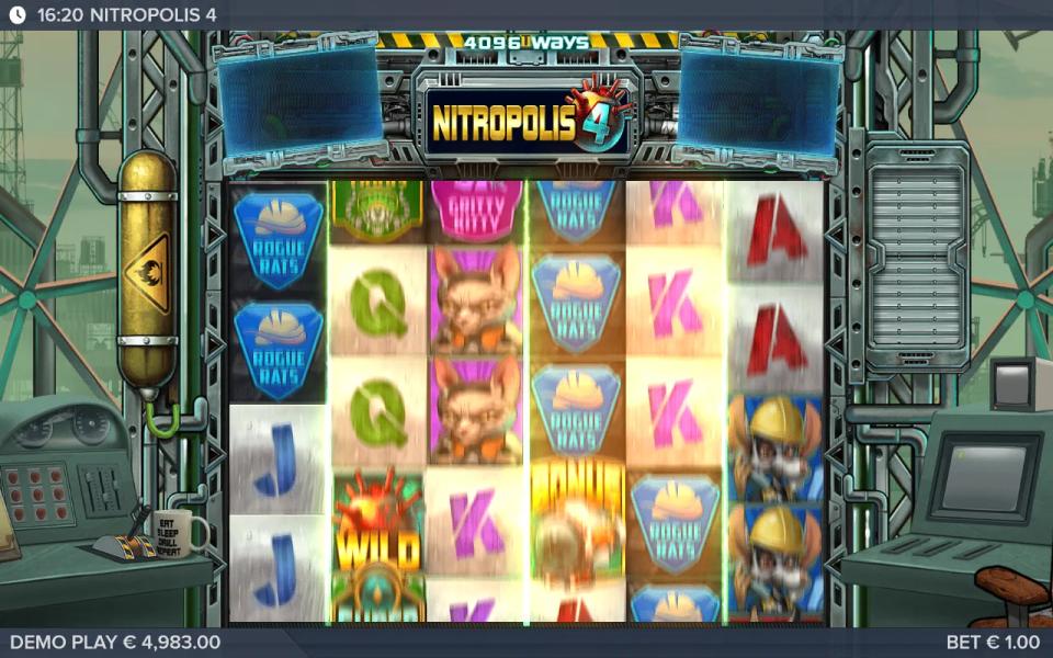 Nitropolis 4 base game on the oil rig: a 6x4 board of Rogue Rats logos, cats, rats in hard hats and royals, with the 4096 ways meter and two Nitro Booster screens above the reels