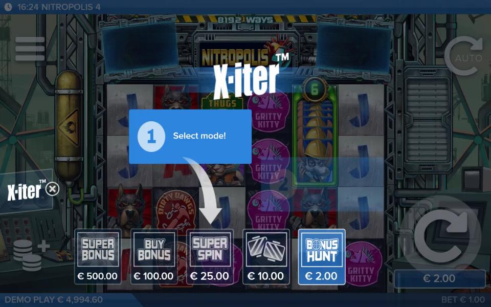 The X-iter menu open beside the reels with five cards: Super Bonus 500, Buy Bonus 100, Super Spin 25, Nitro Booster 10 and Bonus Hunt 2