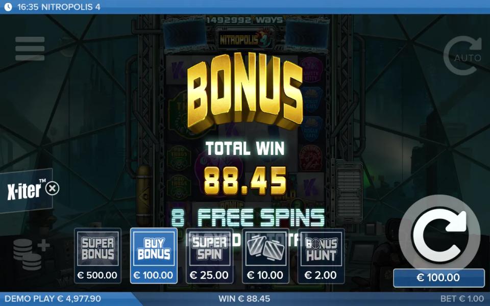 Bonus total win card after eight free spins of the bought Bonus, with the X-iter row reopened under it