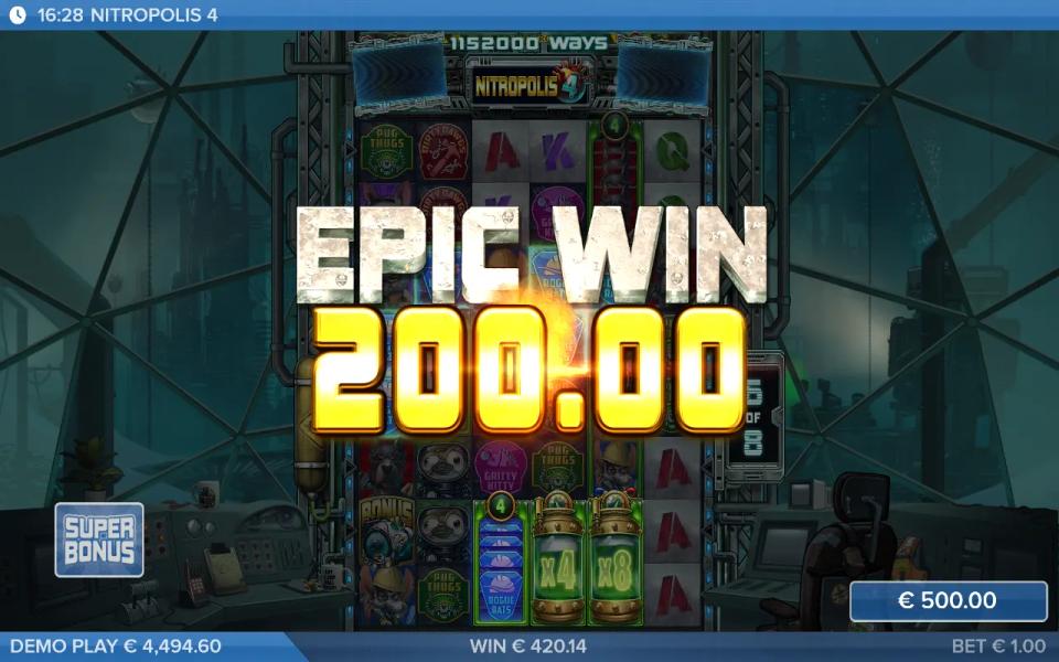 Super Bonus free spin 6 of 8 with an Epic Win banner over the grown board and x4 and x8 Nitro Multipliers sitting side by side in Nitro Reels