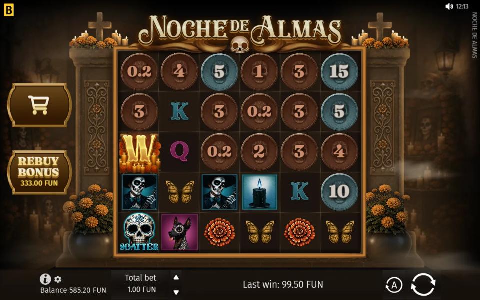 Noche de Almas 6x5 board with three rows of bronze and silver Coins over skeleton Mariachi, dog, marigold and butterfly symbols, a Rebuy Bonus button on the left