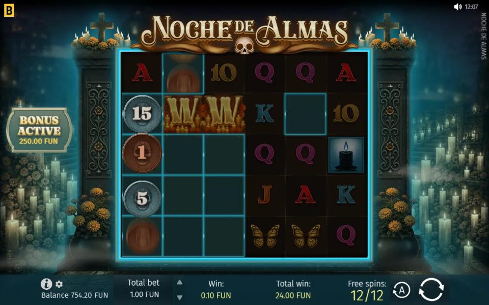 Last free spin of a bought Soul Fiesta, Coins of 15, 1 and 5 and two Wilds in a column of lit cells with a Candle on the right