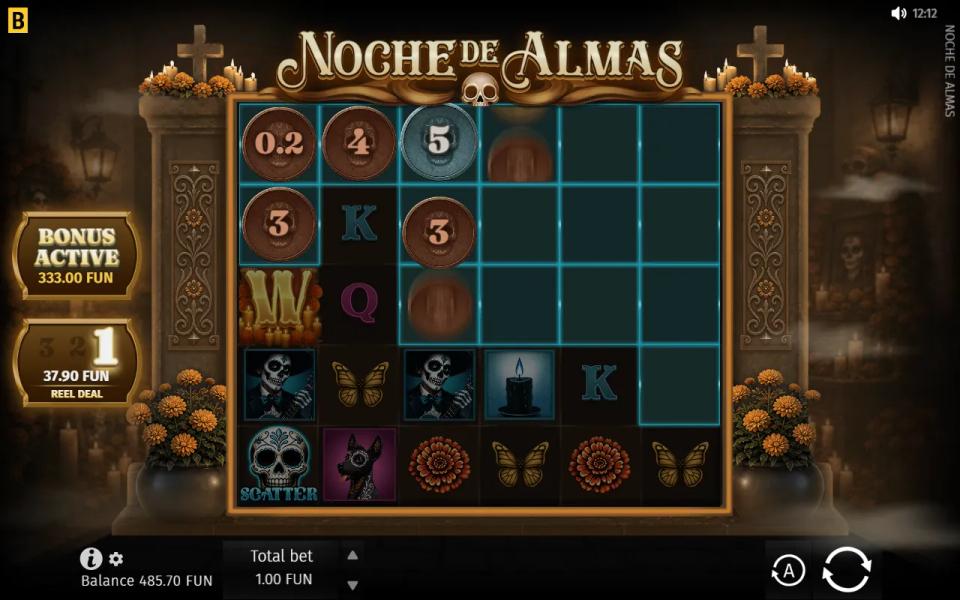 A Reel Deal spin in progress, Coins of 0.2, 4, 5, 3 and 3 appearing in lit cells with the 3-2-1 Reel Deal counter on the left