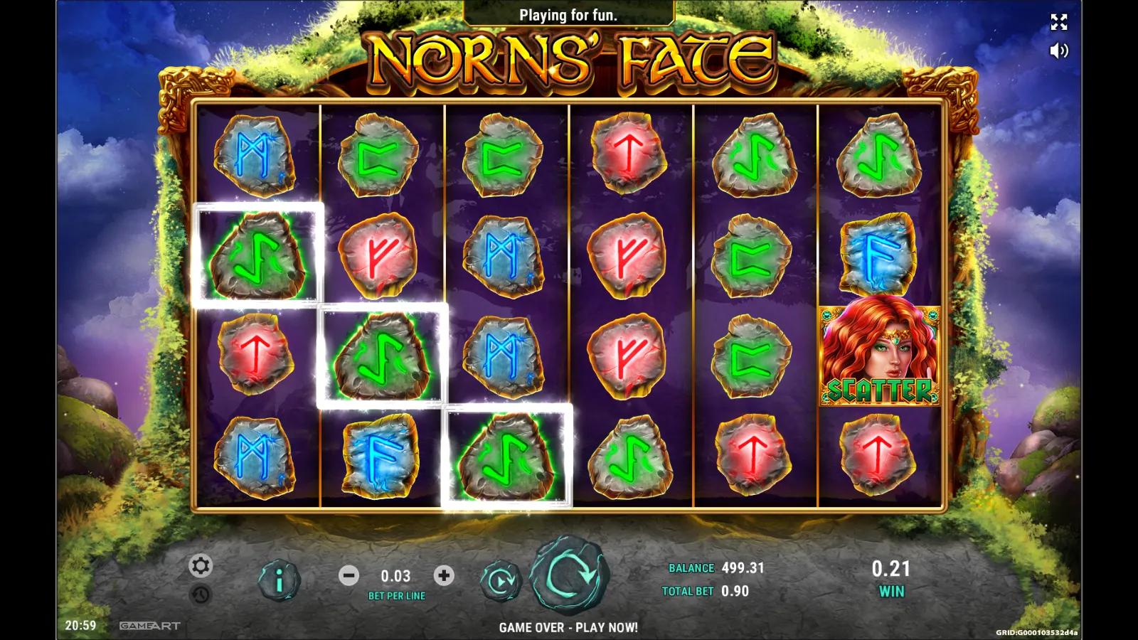 Norns' Fate slot gameplay showing the 6x4 reels of coloured Norse rune stones with the three Norn goddesses and Odin wild before the Yggdrasil tree