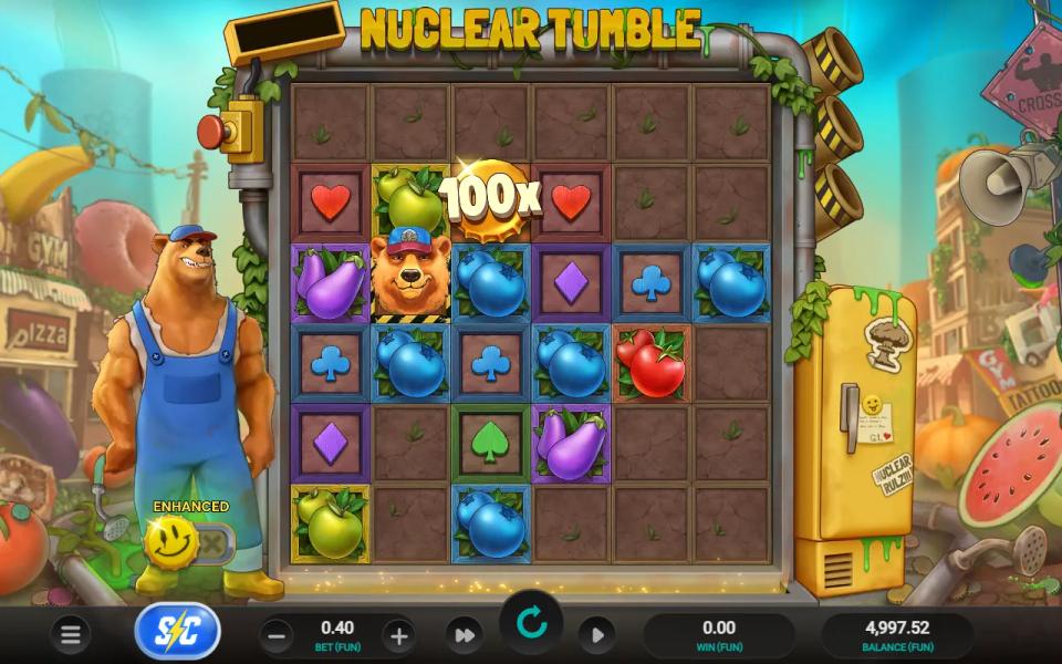 Nuclear Tumble 6x6 grid with a gold 100x cash coin high on the board above a field of stone blockers, on a spin that pays nothing