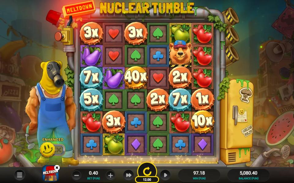 Meltdown Mode filling the Nuclear Tumble grid with cash coins from 1x to 40x and paying 97.18