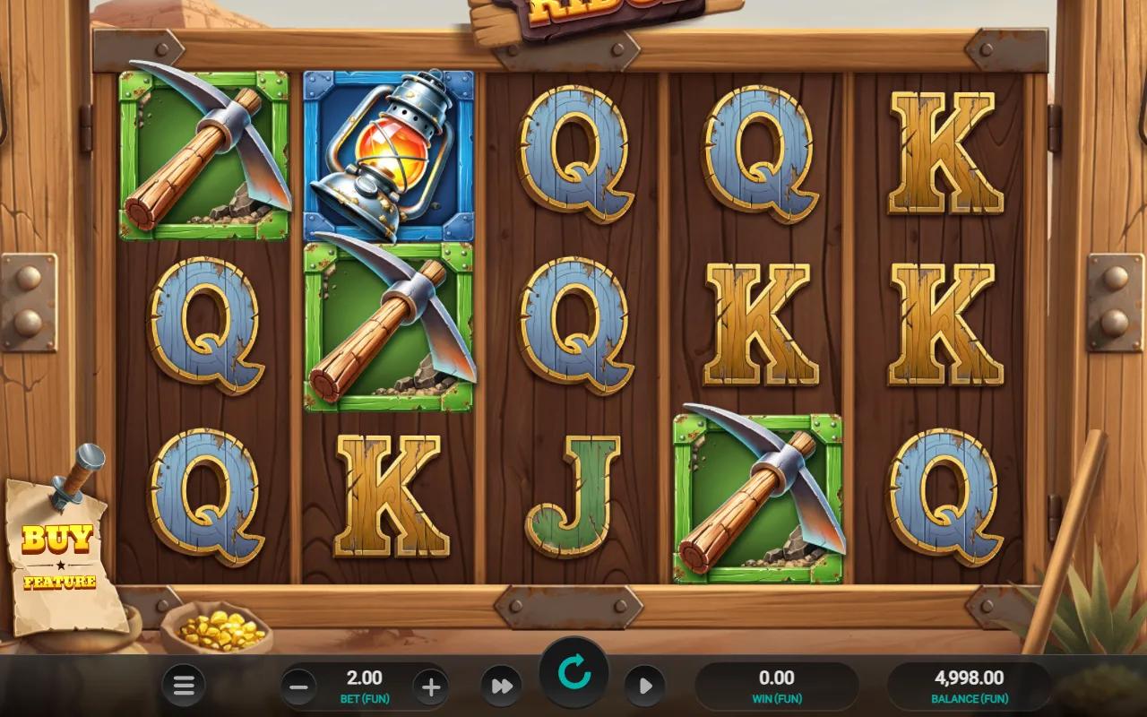 Nugget Ridge slot 5x3 grid on a wooden mine-shaft frame with pickaxe and lantern symbols and the BUY FEATURE sign at the left