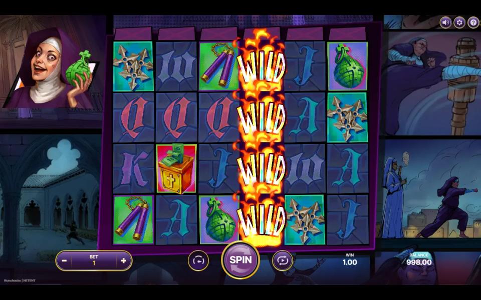 Wild Reel Nun holding a grenade beside the reels, with reel 4 turned into four flaming Wild symbols