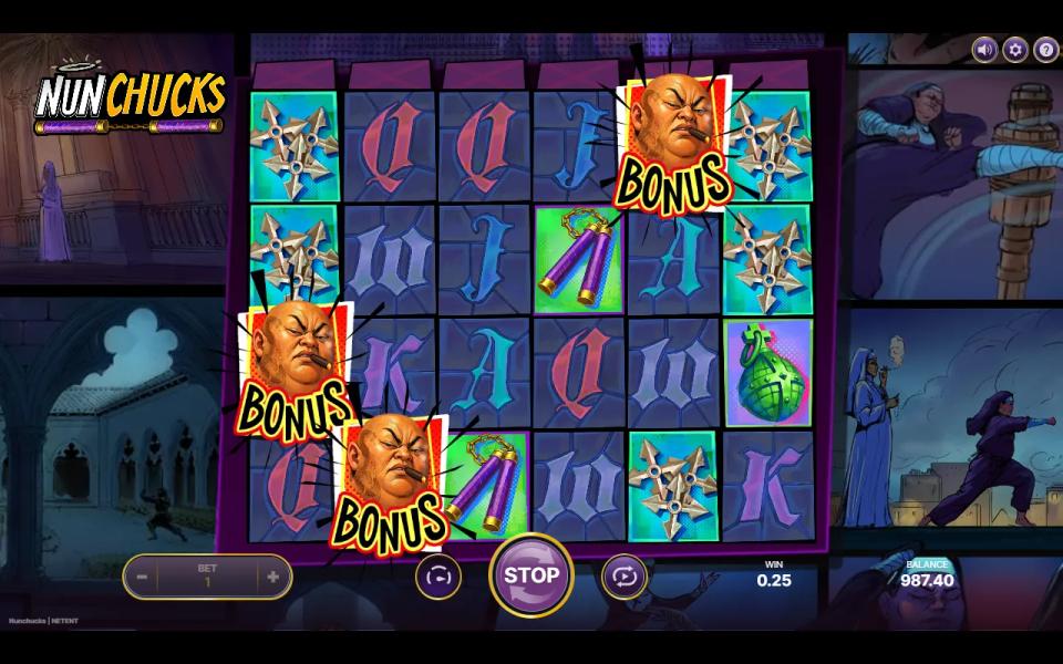 Three Bonus scatter symbols showing a cigar-chewing gangster landing on the Nunchucks reels to start Bonus Spins