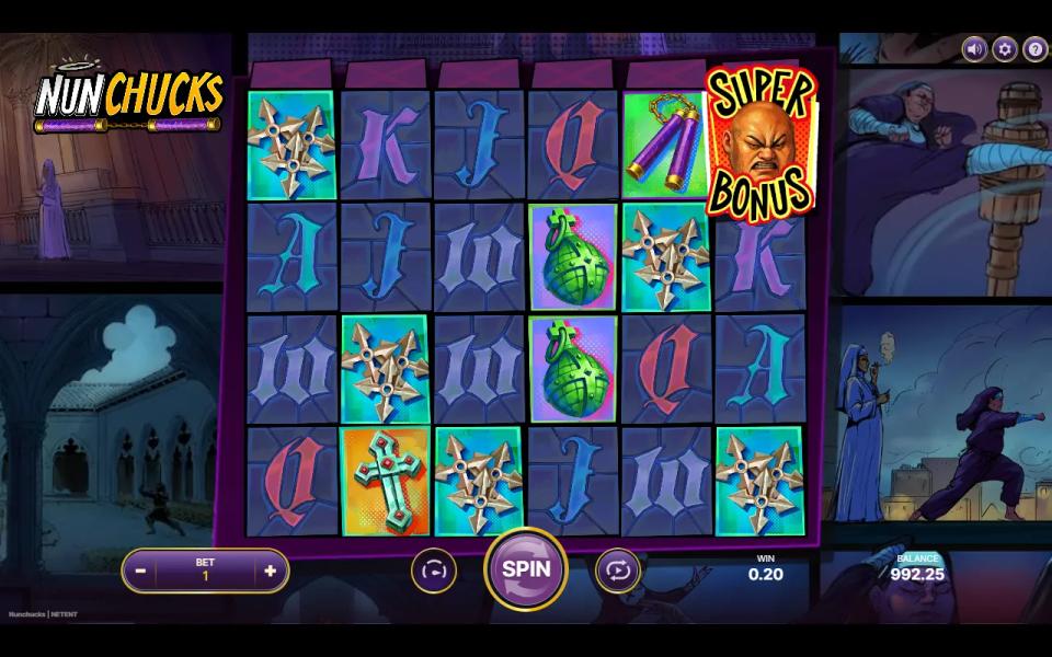 A single Super Bonus symbol on reel 6 of Nunchucks with no Bonus symbols elsewhere on the board