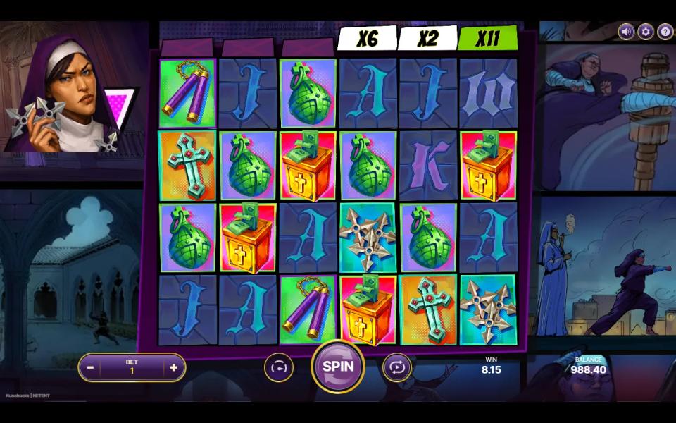 Nunchucks reels with multiplier tags of x6, x2 and x11 above reels 4, 5 and 6 and grenades running across the board from reel 1