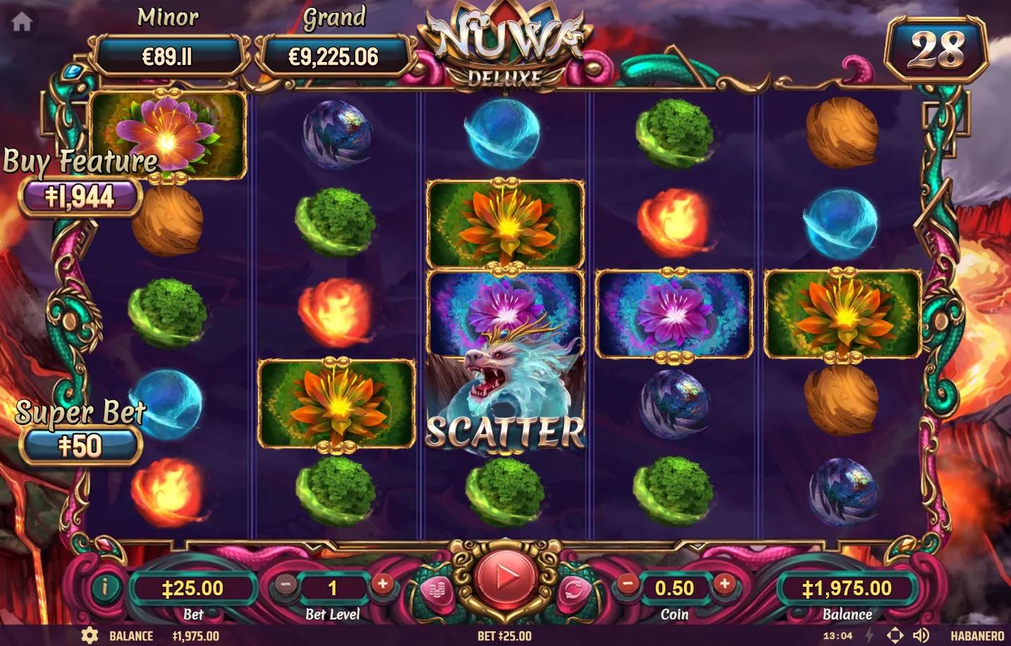 Nuwa Deluxe slot gameplay showing 5x3 grid with lotus flowers and dragon scatter symbol on reel 5