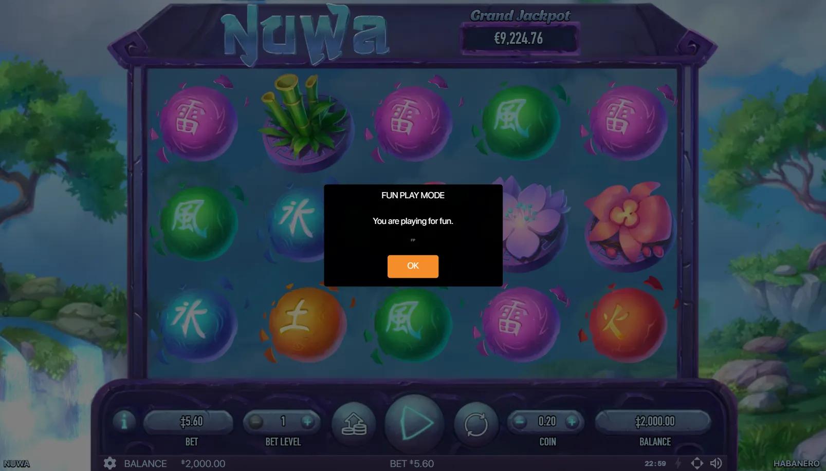Nuwa slot gameplay showing 5x3 grid with element-kanji orbs, bamboo and lotus symbols against a Chinese mountain backdrop