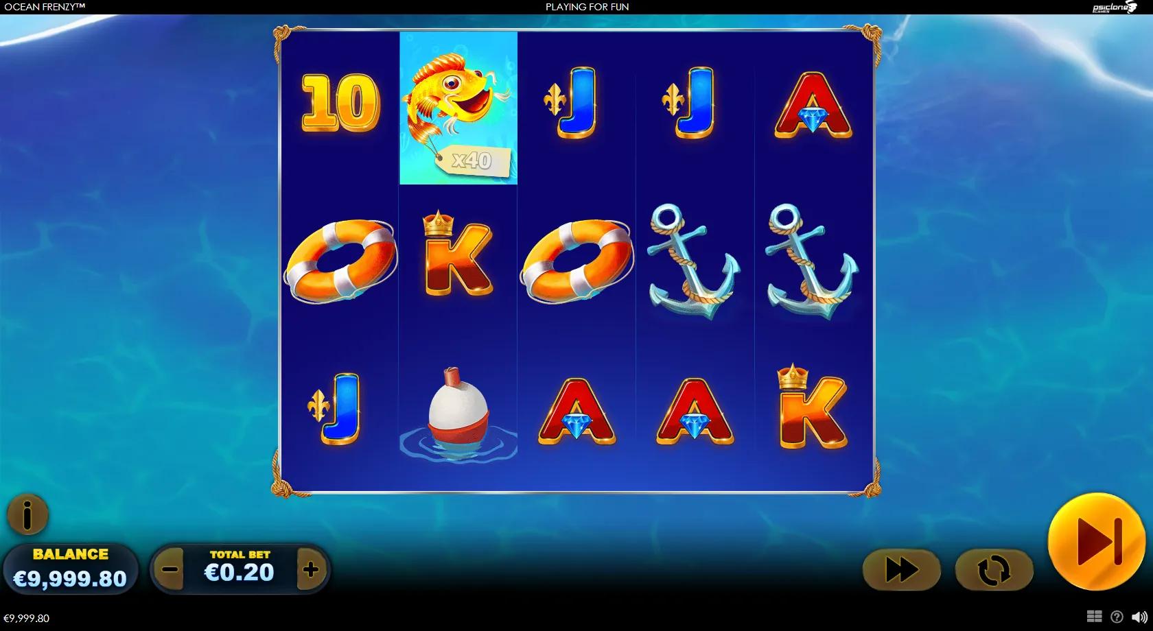 Ocean Frenzy slot gameplay showing a 5x3 sunlit-ocean grid with money fish carrying cash tags, a pelican, a trawler Bonus boat and nautical symbols