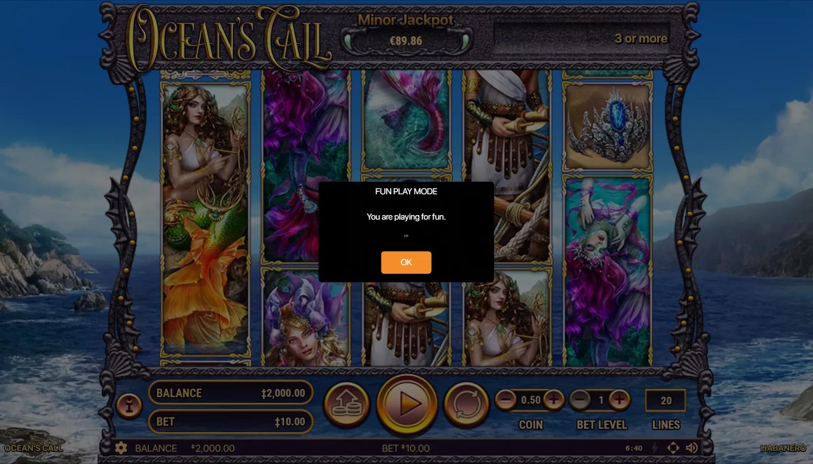 Ocean's Call slot gameplay showing 5x3 grid with full-height oil-painted Siren character symbols on a Mediterranean coastline backdrop