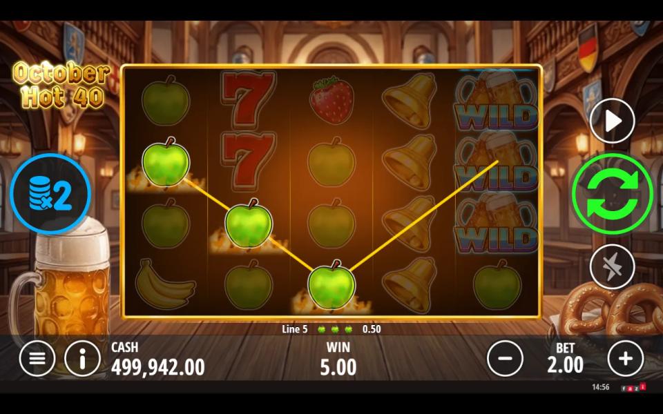 October Hot 40's 5x4 grid paying ten apple lines at once, with a stack of beer-stein wilds sitting unused on the fifth reel