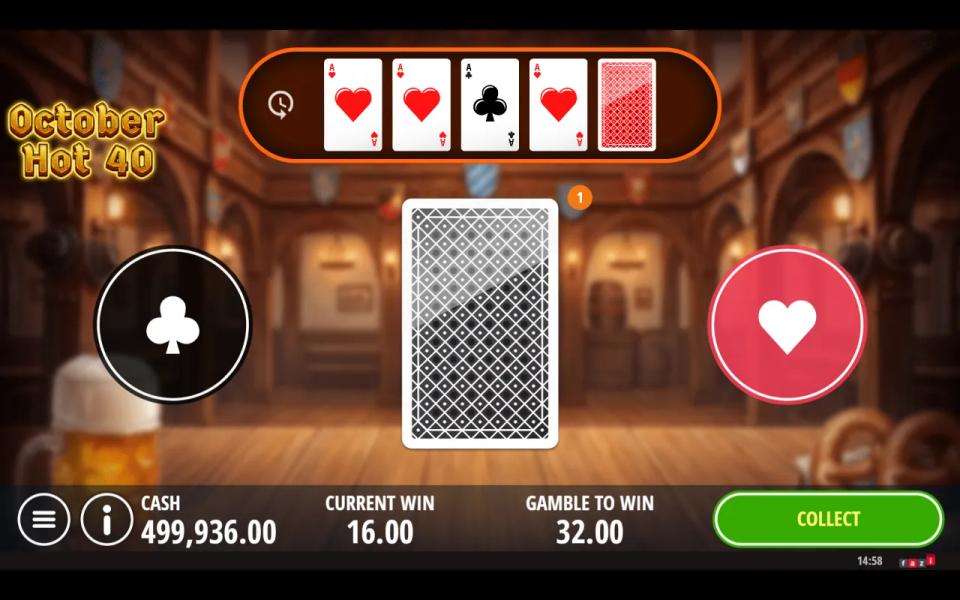 The red or black gamble screen showing a 16.00 stake with one attempt left and four aces in the card history