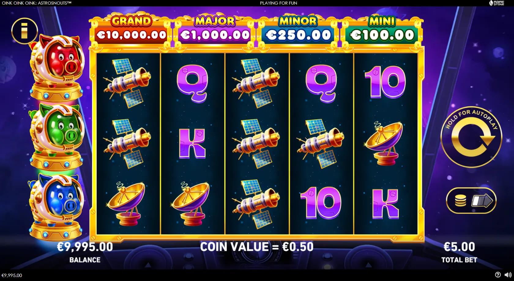 Oink Oink Oink Astrosnouts slot gameplay showing 5x3 space grid with UFO, satellite and astronaut-pig jackpots