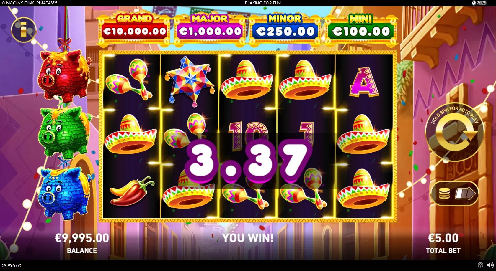 Oink Oink Oink Pinatas slot gameplay showing a 5x3 Mexican-fiesta grid with sombrero, maracas and star-pinata symbols, three pig-pinata banks and four jackpots